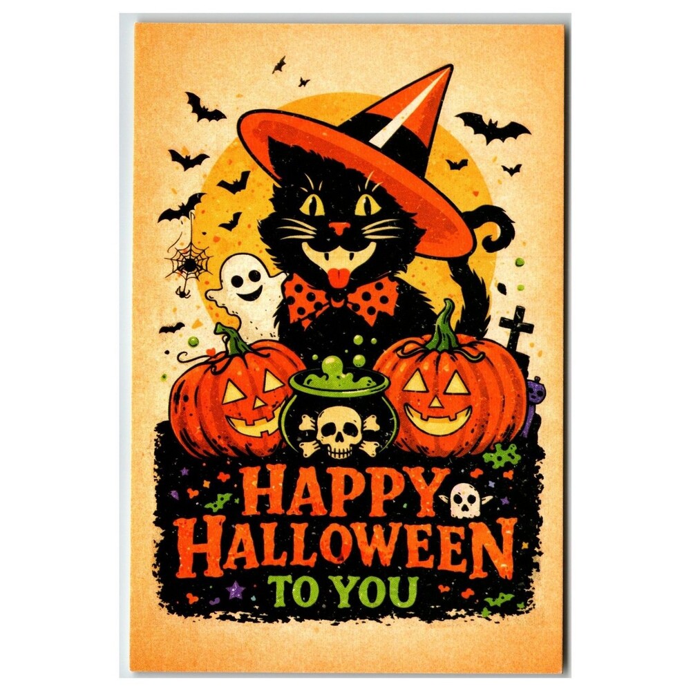 Vintage Style Happy Halloween Black Cat Witch Hat Pumpkins Postcard